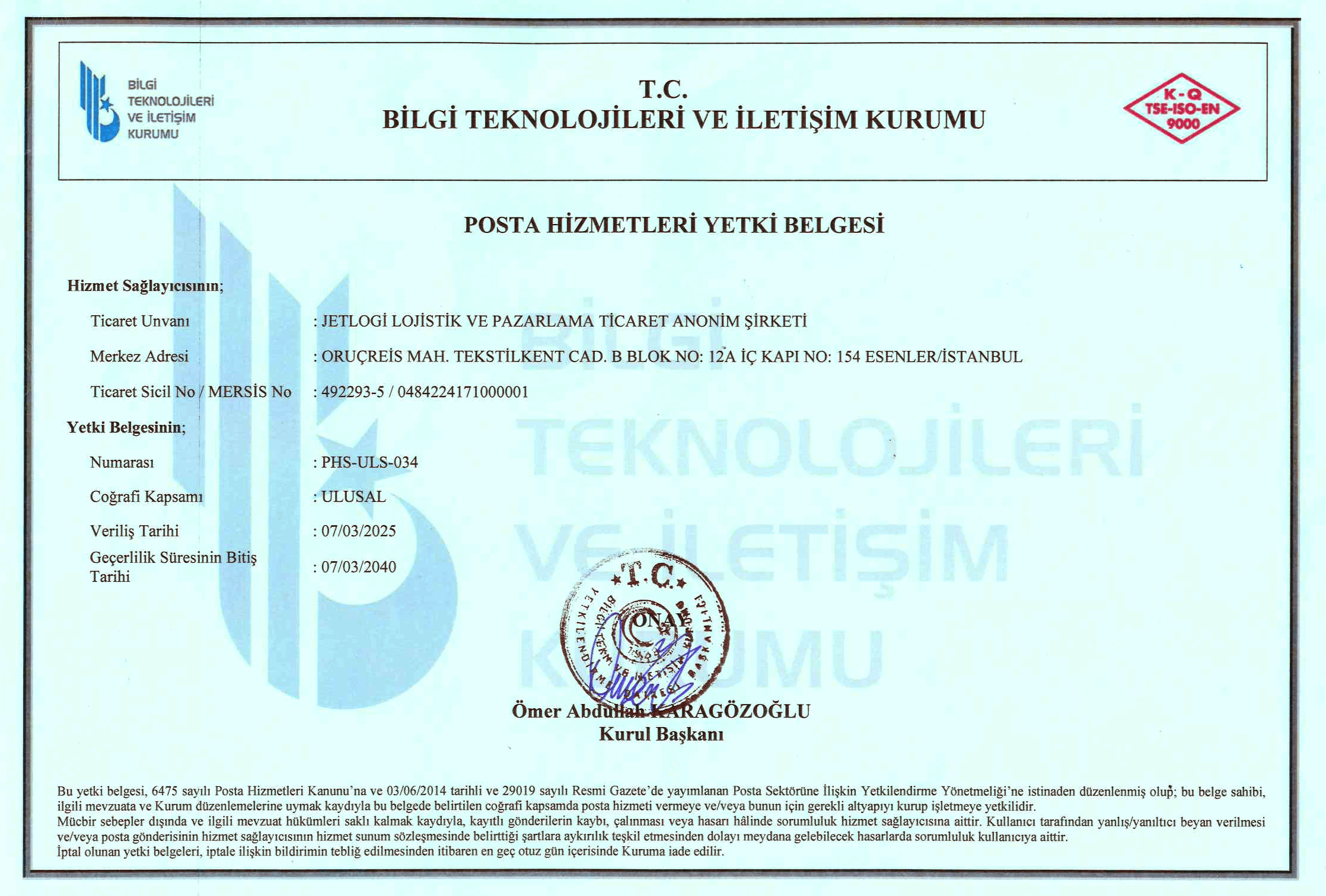 Posta Hizmetleri Yetki Belgesi